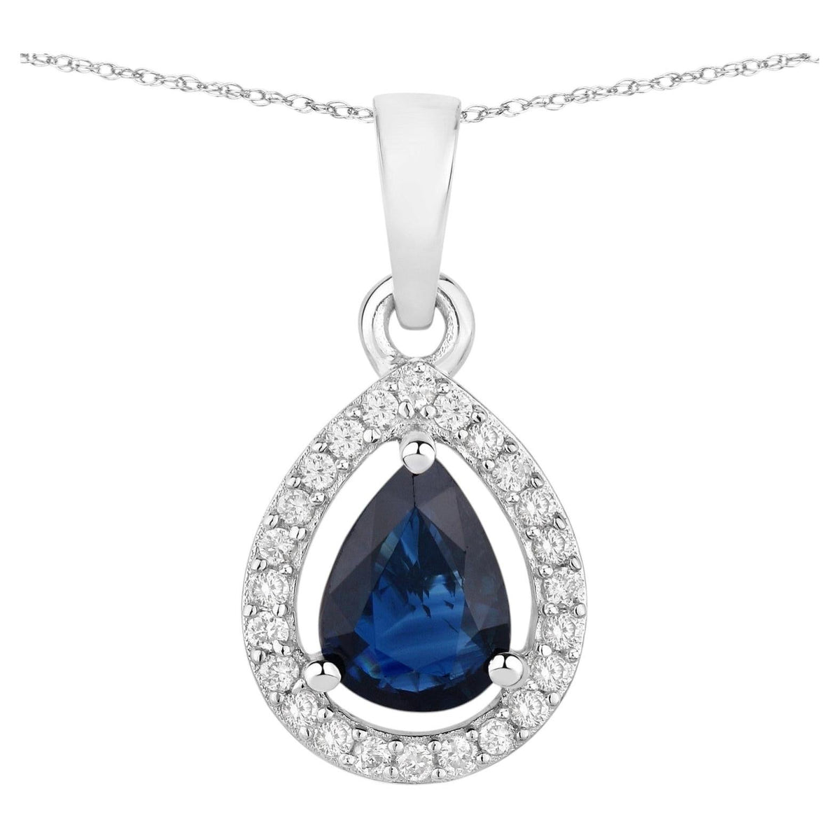 Blue Sapphire Pendant With Diamonds 0.88 Carats 14K White Gold