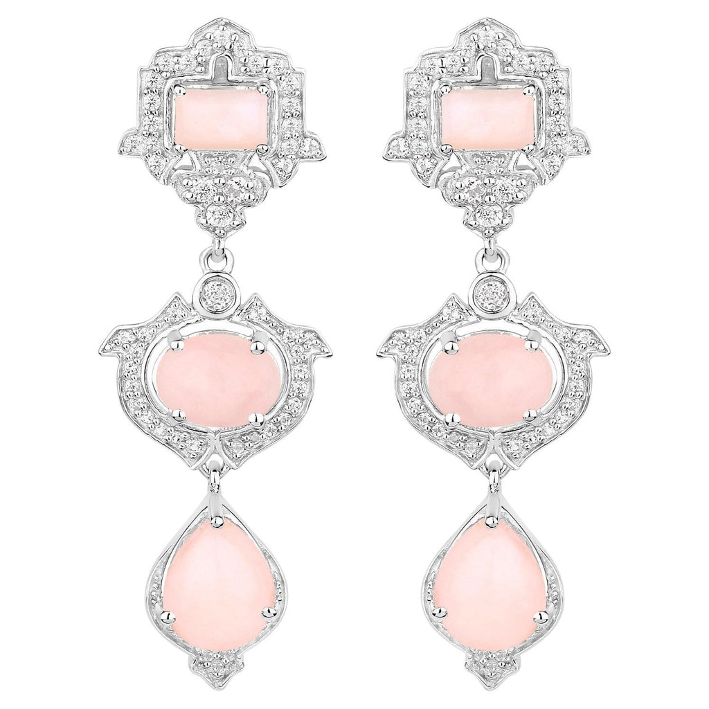 Pink Opal Dangle Earrings White Topaz 6.9 Carats Silver