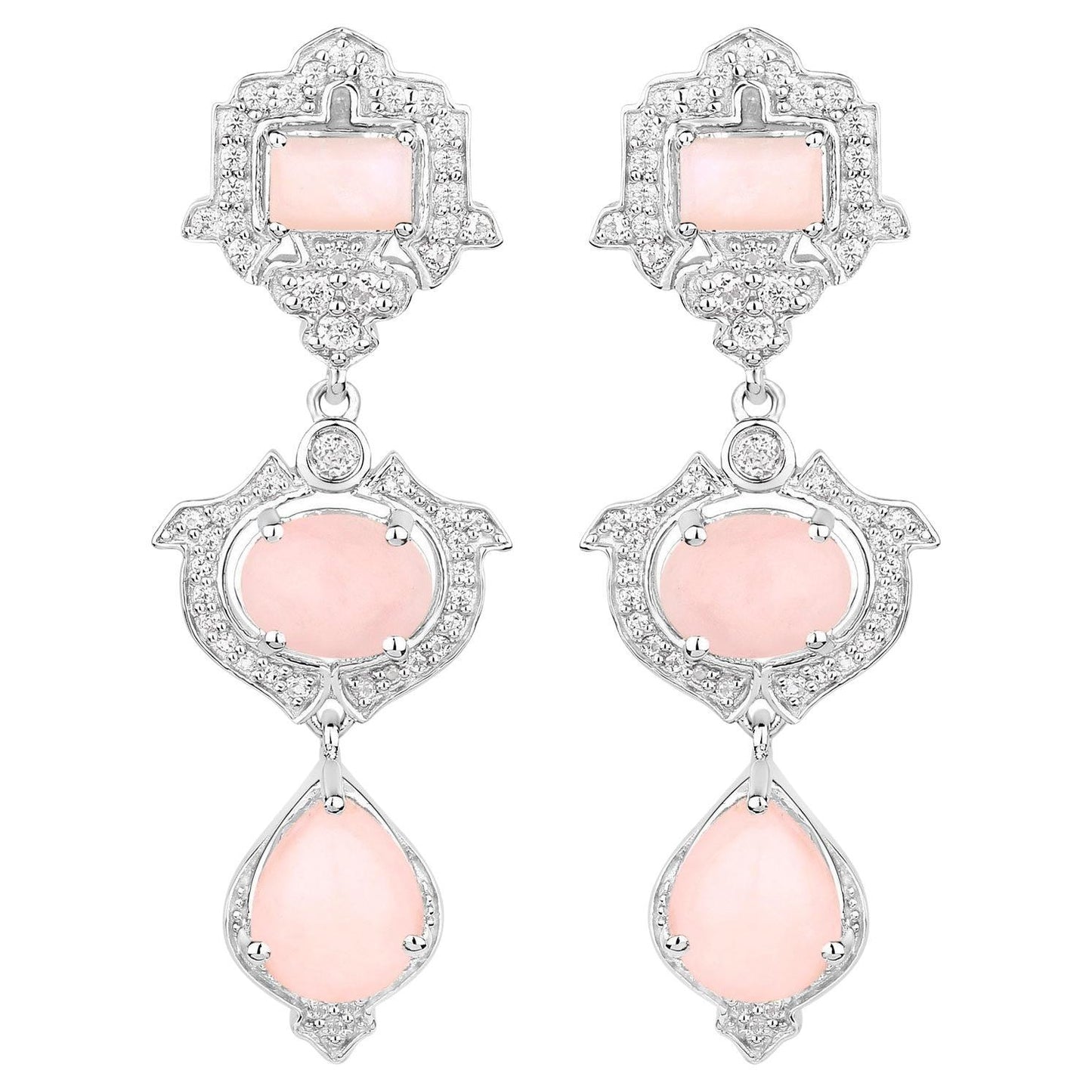 Pink Opal Dangle Earrings White Topaz 6.9 Carats Silver