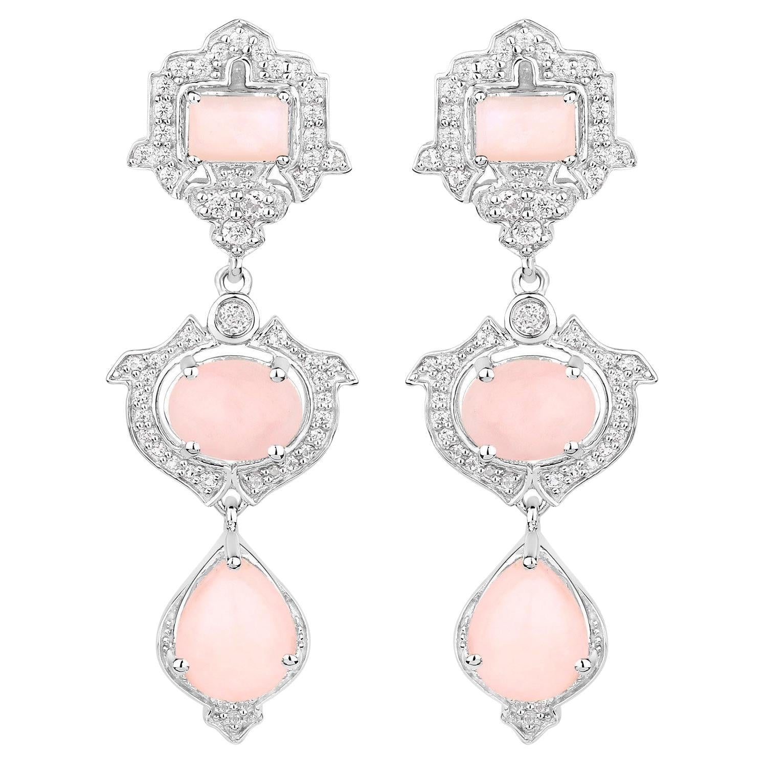 Pink Opal Dangle Earrings White Topaz 6.9 Carats Silver
