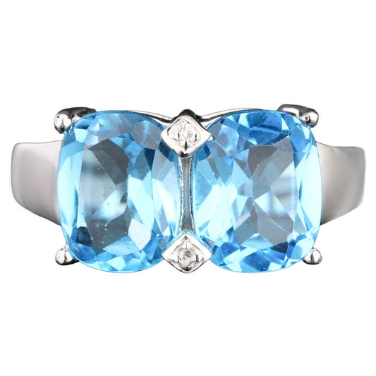 Blue Topaz Ring With White Topaz 7.01 Carats Sterling Silver