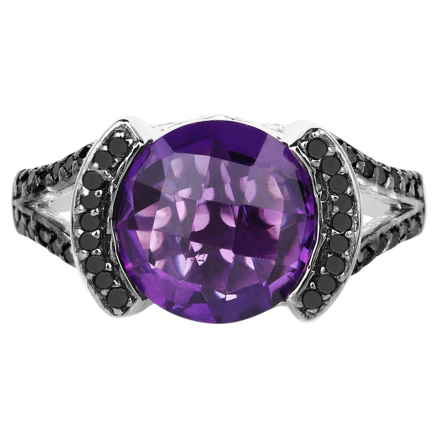 Amethyst Ring With Black Diamonds 3.18 Carats Sterling Silver