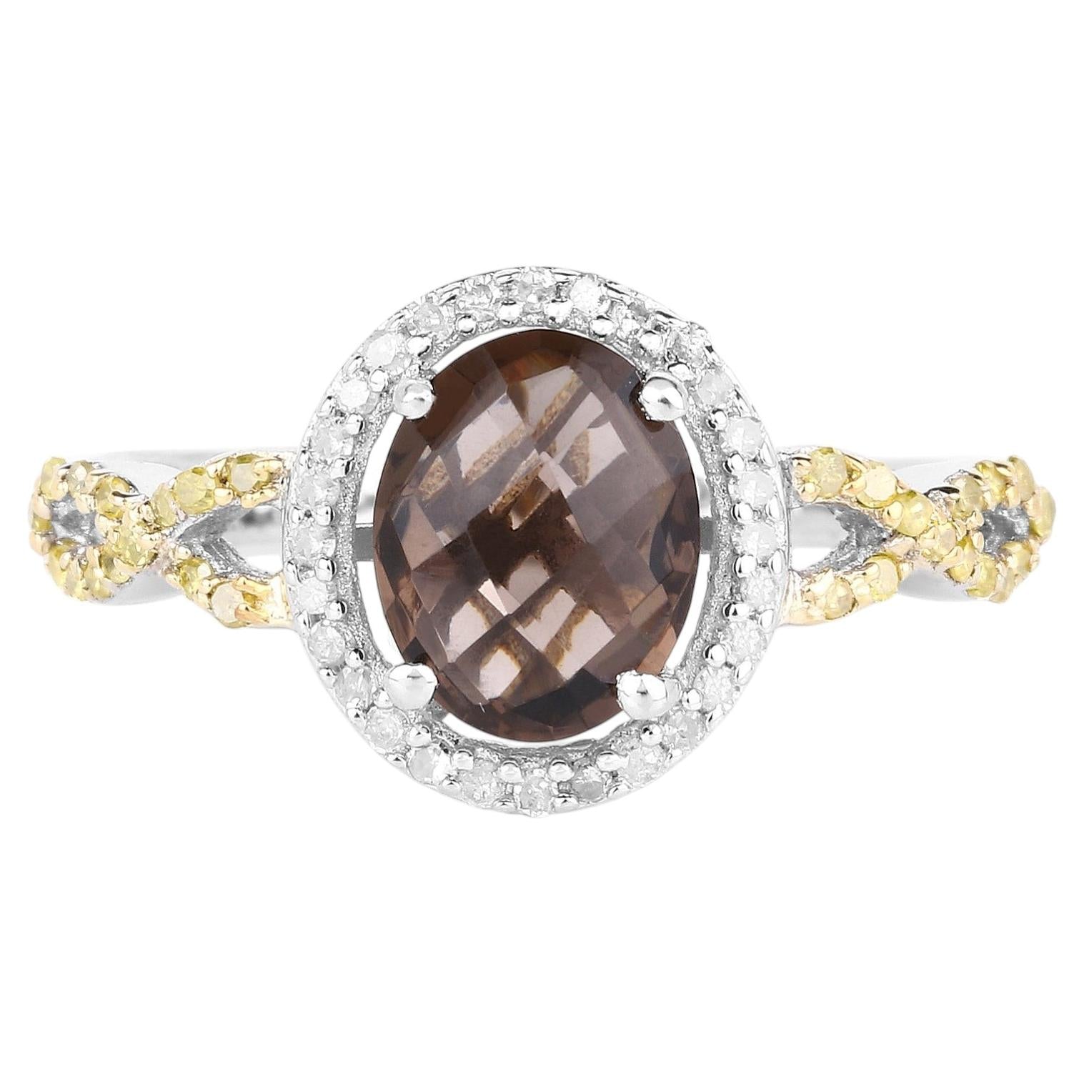 Smoky Quartz Ring With Multicolor Diamonds 1.86 Carats Sterling Silver