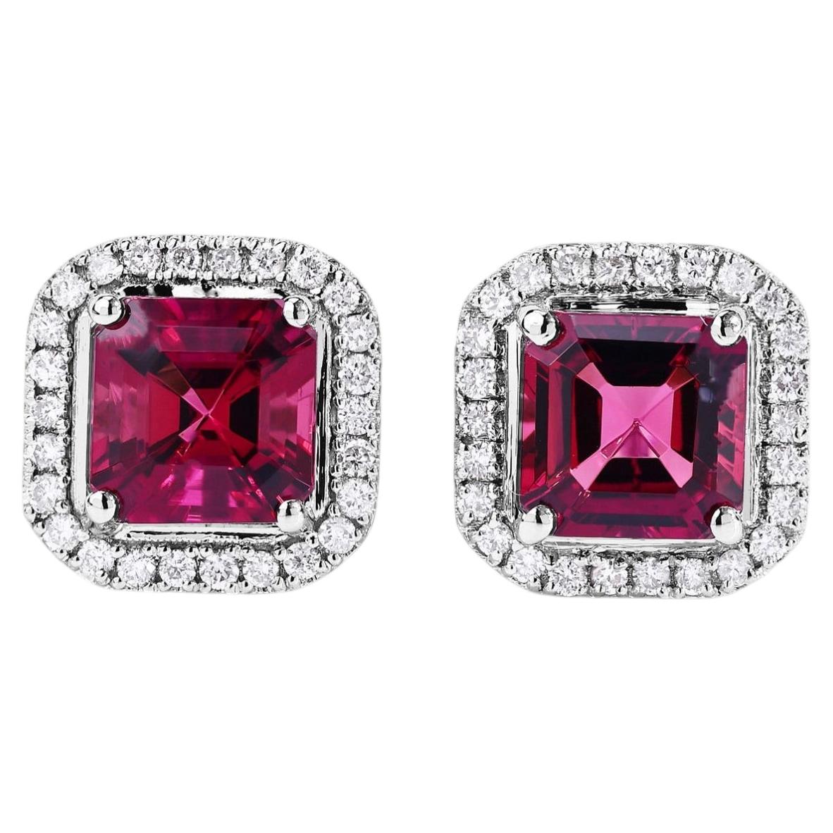 Rubellite Stud Earrings With Diamonds 2.68 Carats 14K White Gold