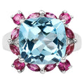 Blue Topaz Ring With Rhodolite Garnet 8.14 Carats Sterling Silver