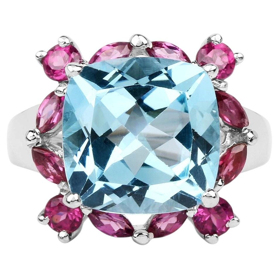 Blue Topaz Ring With Rhodolite Garnet 8.14 Carats Sterling Silver