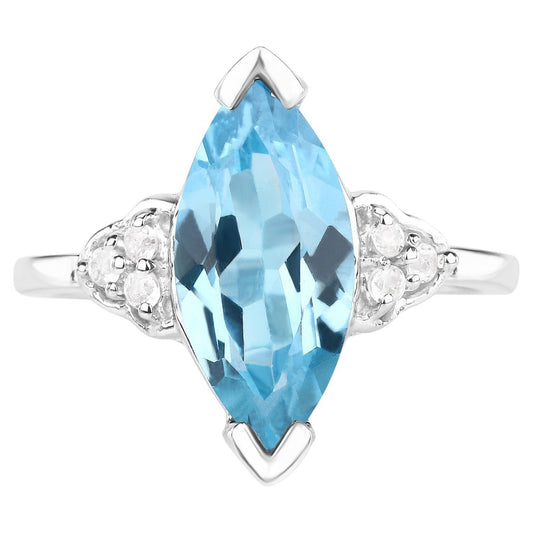 Swiss Blue Topaz Ring With White Topaz 3.76 Carats Sterling Silver