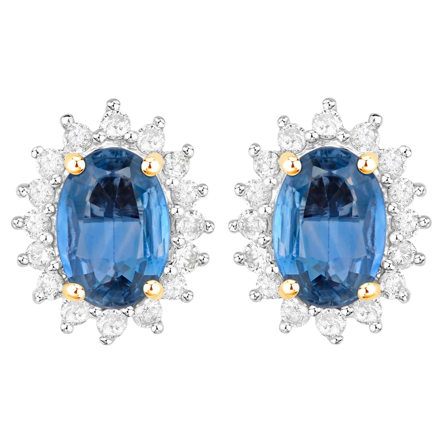 Blue Sapphire Earrings Halo Diamonds 2.2 Carats 14K Yellow Gold