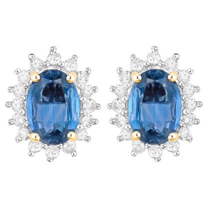 Blue Sapphire Earrings Halo Diamonds 2.2 Carats 14K Yellow Gold