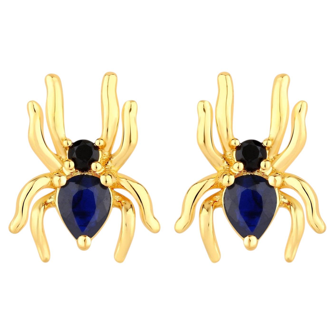 Blue Sapphire Stud Earrings With Black Spinel 0.34 Carats Gold Plated Silver