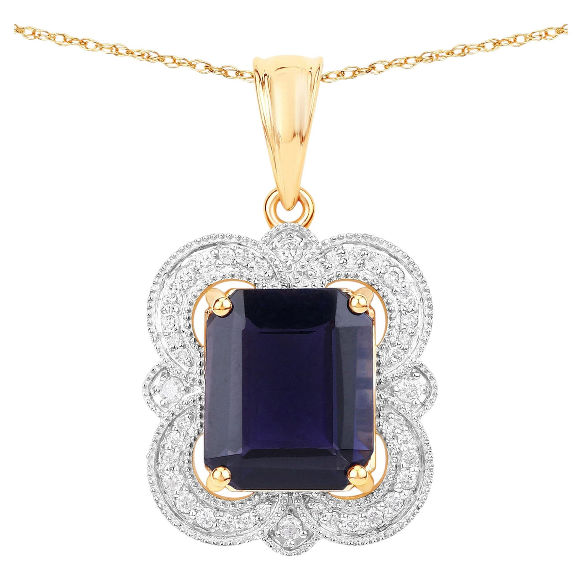 Iolite Pendant With Diamonds 3.98 Carats 14K Yellow Gold