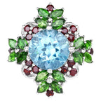 Blue Topaz Flower Ring Chrome Diopside and Garnet 5.7 Carats Sterling Silver