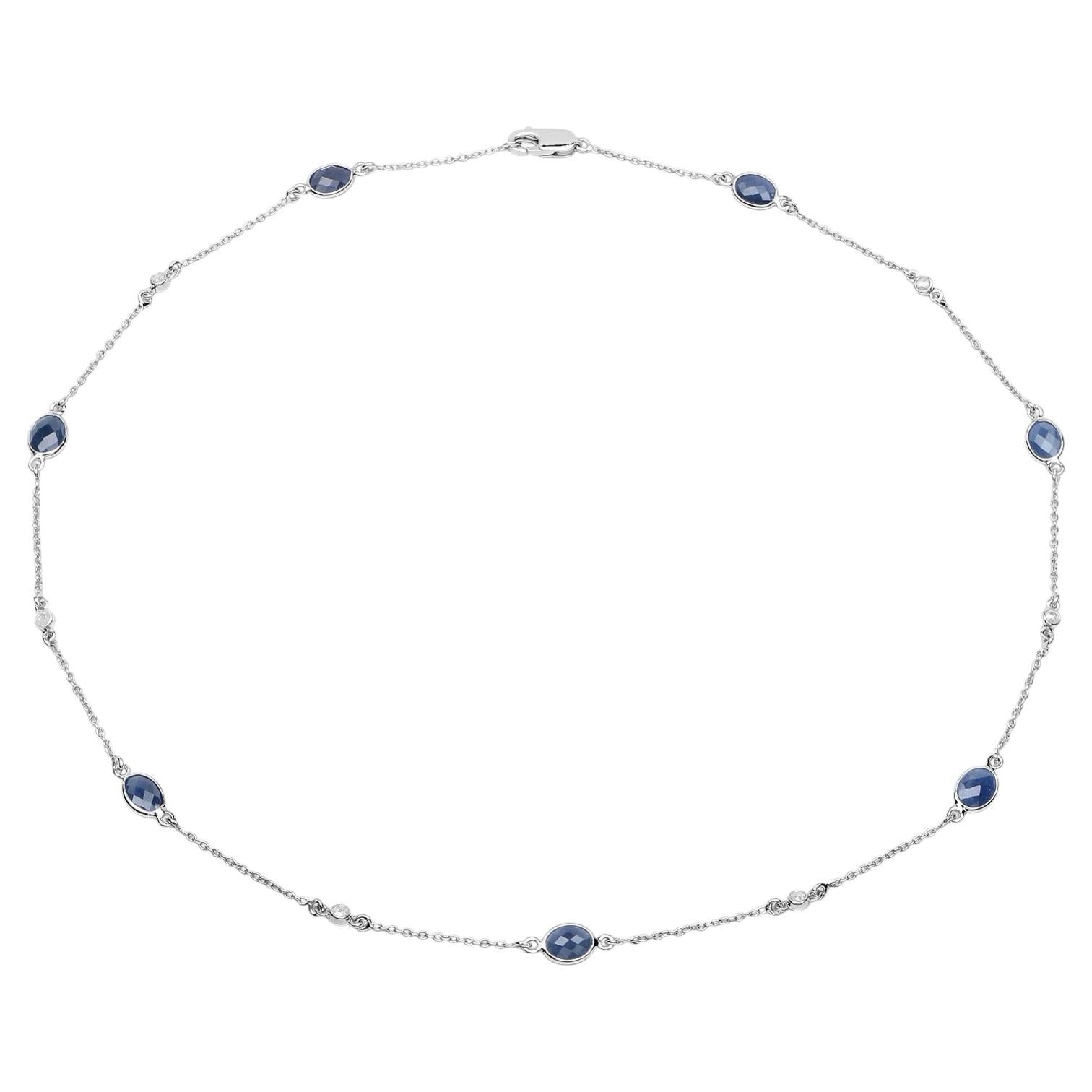 Blue Sapphire Necklace With Diamonds 6.4 Carats Sterling Silver