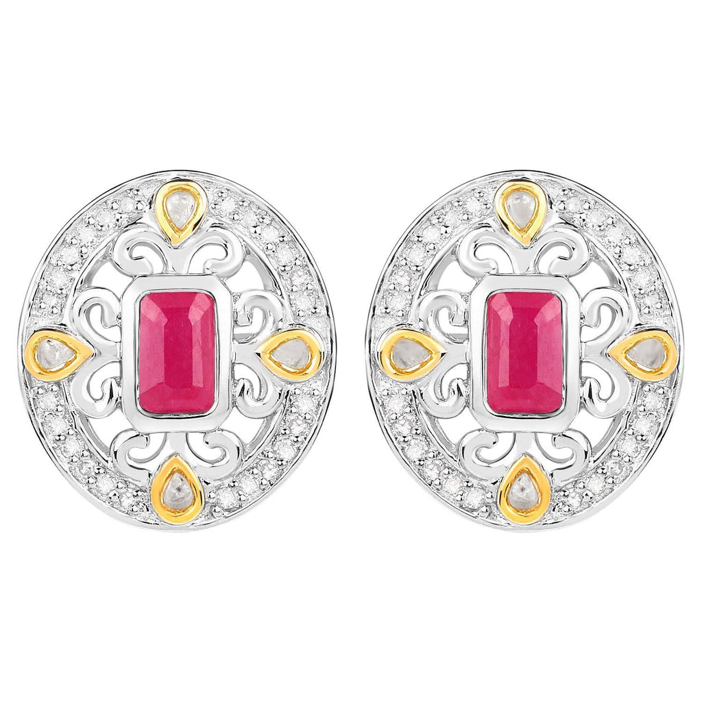 Ruby Earrings Halo Diamonds 0.7 Carats 18K Yellow Gold Plated Silver