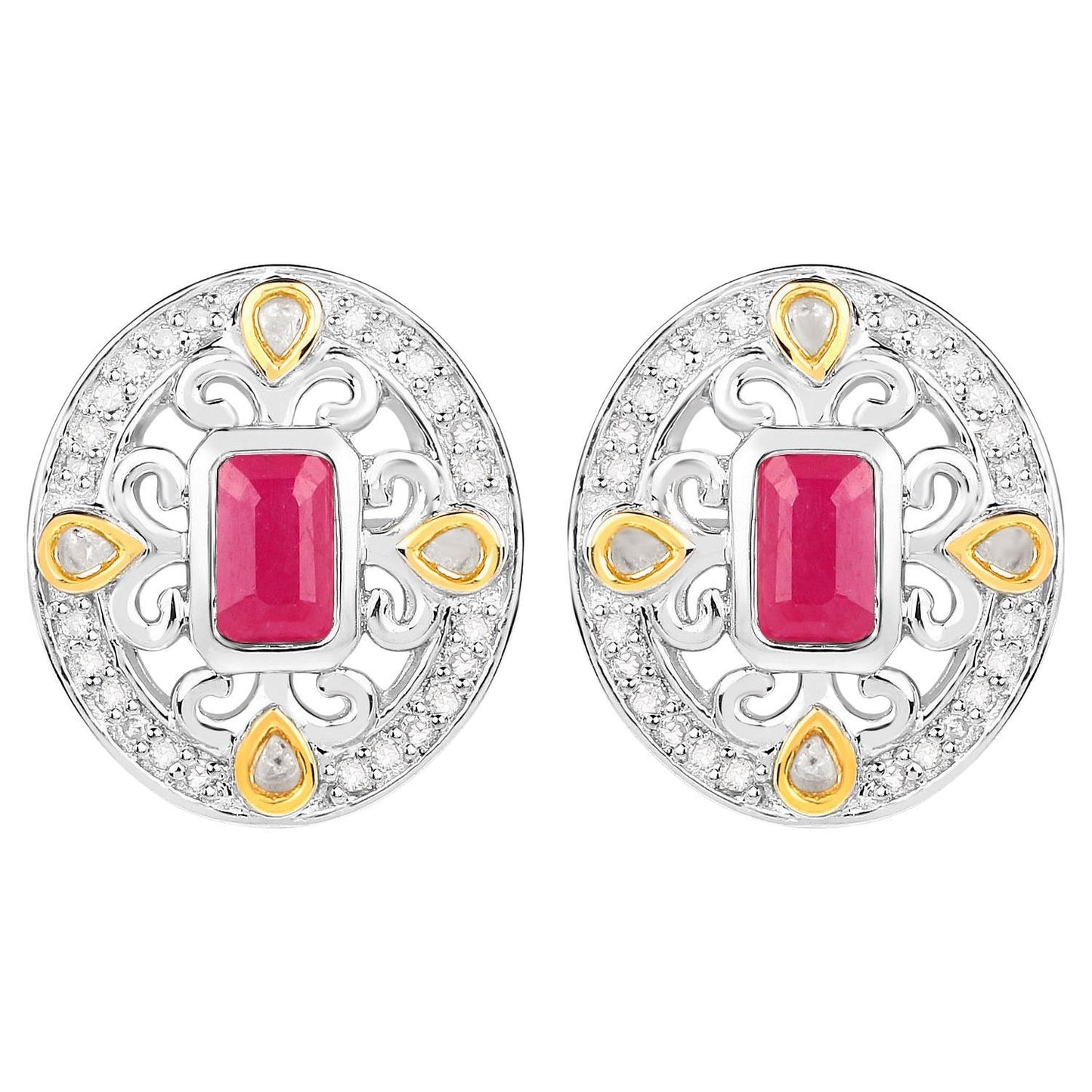 Ruby Earrings Halo Diamonds 0.7 Carats 18K Yellow Gold Plated Silver