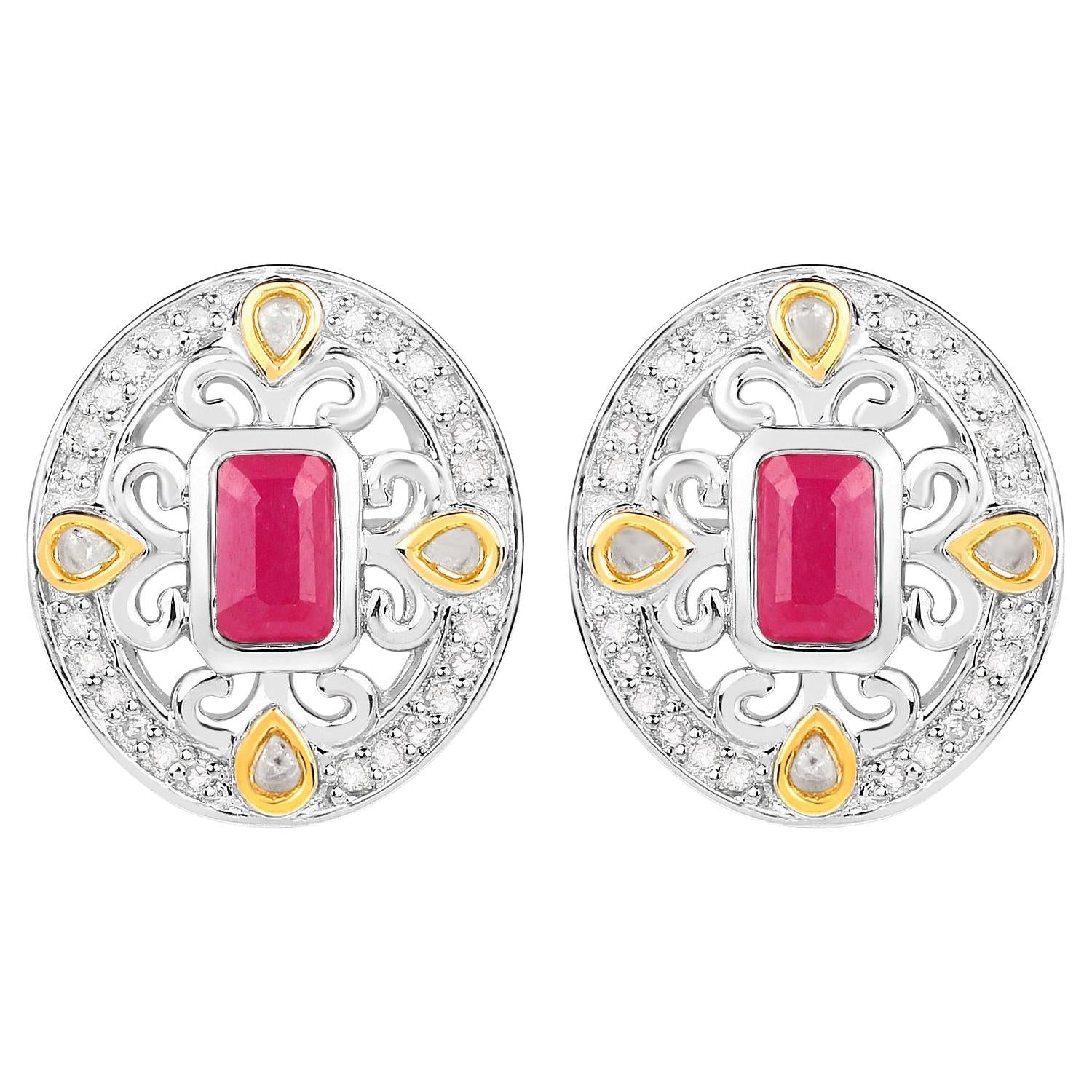 Ruby Earrings Halo Diamonds 0.7 Carats 18K Yellow Gold Plated Silver