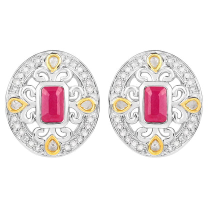 Ruby Earrings Halo Diamonds 0.7 Carats 18K Yellow Gold Plated Silver