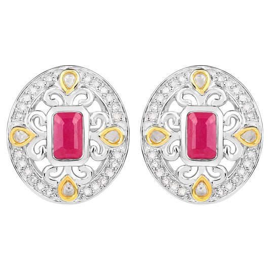 Ruby Earrings Halo Diamonds 0.7 Carats 18K Yellow Gold Plated Silver