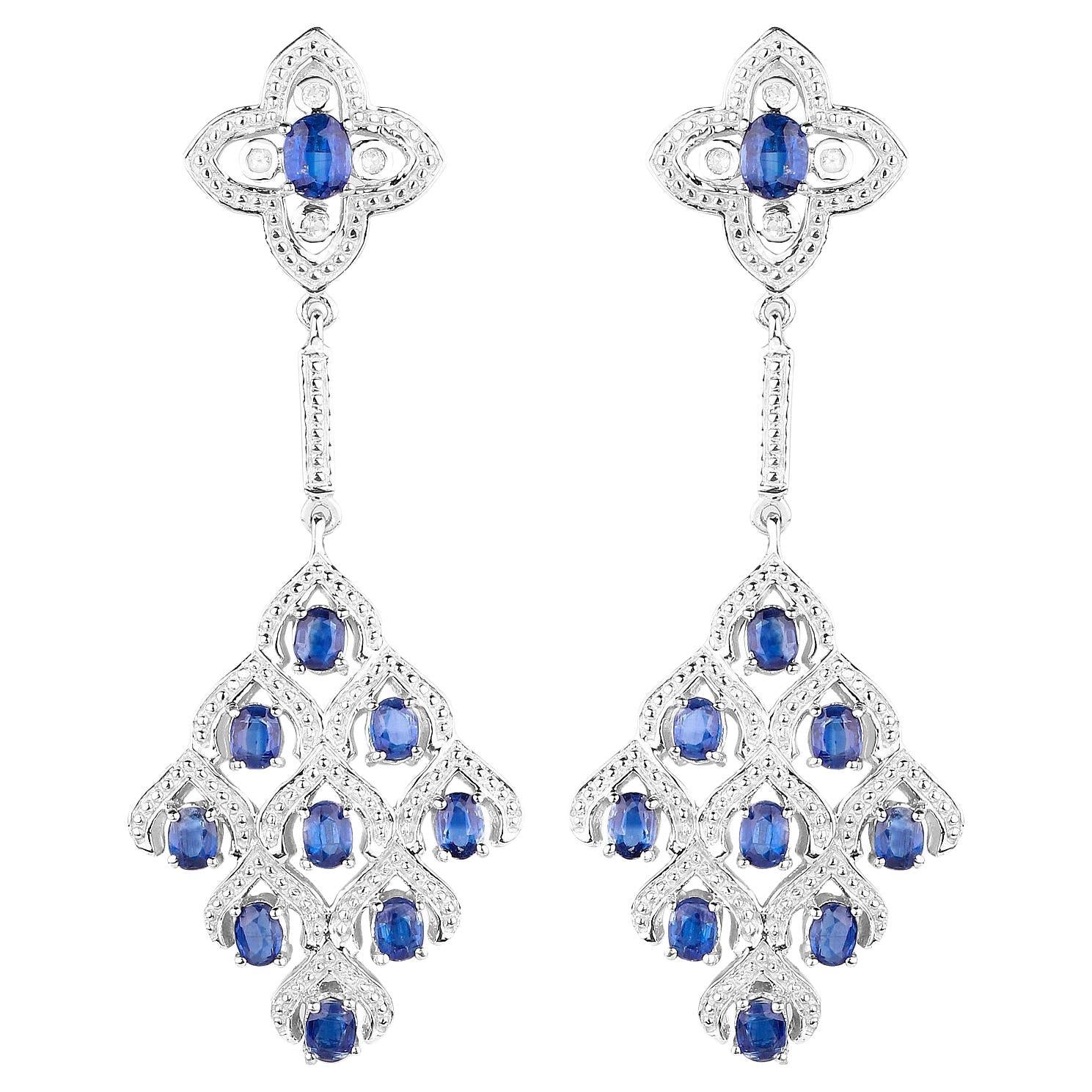 Kyanite Chandelier Earrings With White Topaz 5.6 Carats Rhodium Plated Silver