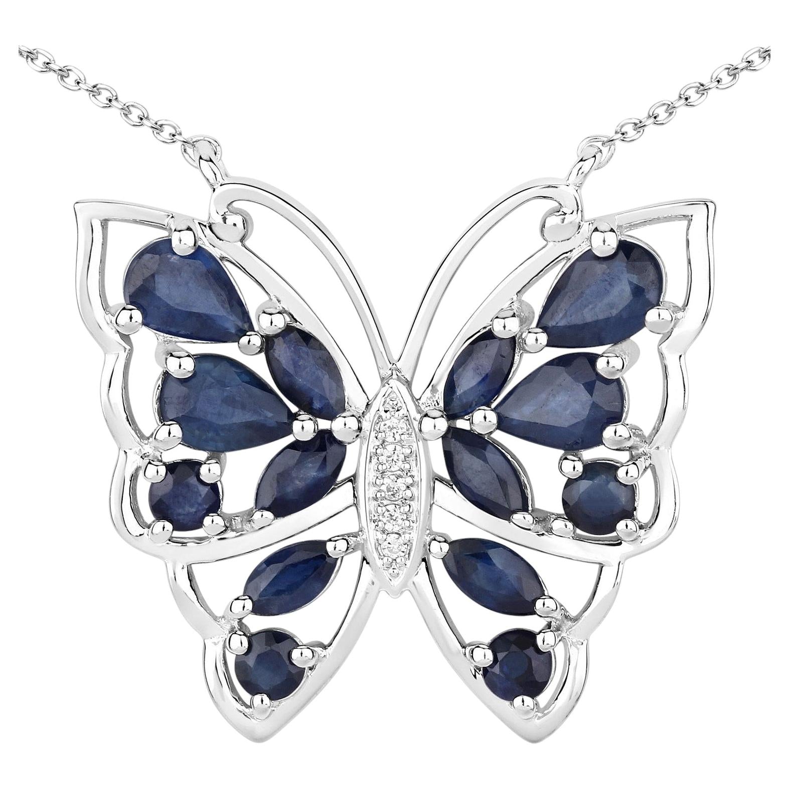 Blue Sapphire Butterfly Necklace With White Zircon 2.86 Carats Sterling Silver