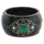 Antique Carved Emerald Bangle Bracelet With Diamonds 14.7 Carats