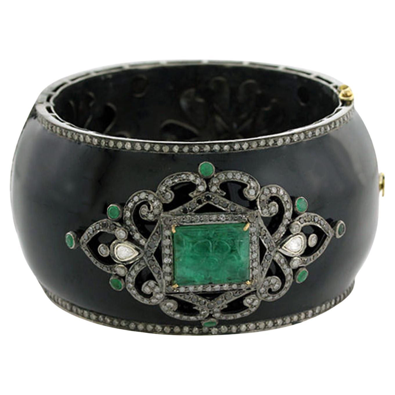 Antique Carved Emerald Bangle Bracelet With Diamonds 14.7 Carats
