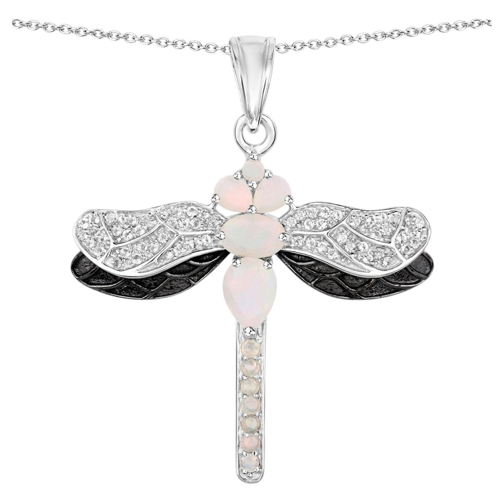 Ethiopian Opal Dragonfly Pendant With White Topaz 1.34 Carats Sterling Silver