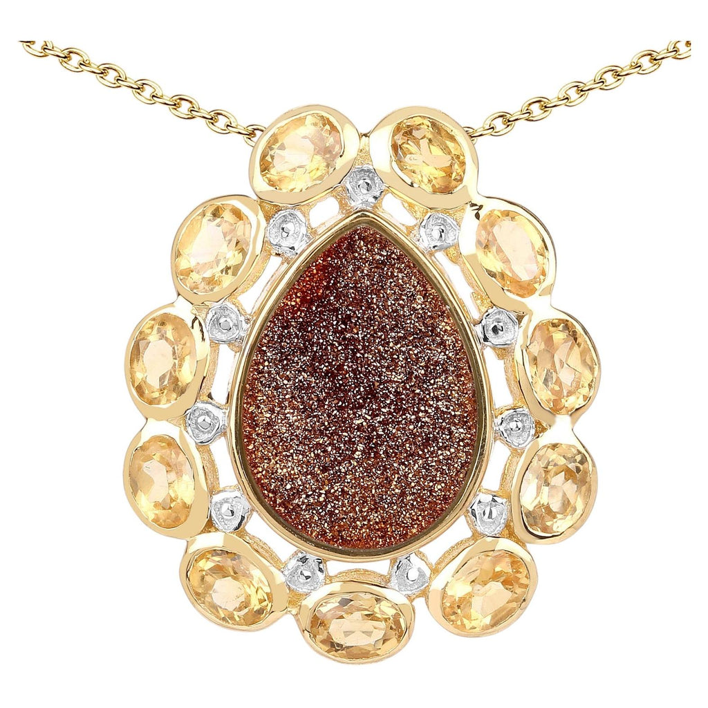 Drusy Quartz Pendant With Citrine 5.1 Carats Gold Plated Silver