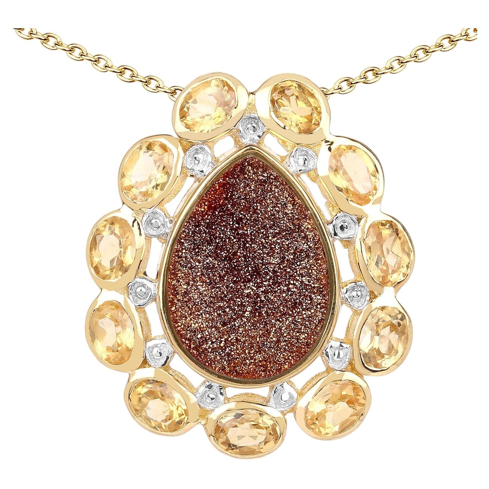 Drusy Quartz Pendant With Citrine 5.1 Carats Gold Plated Silver