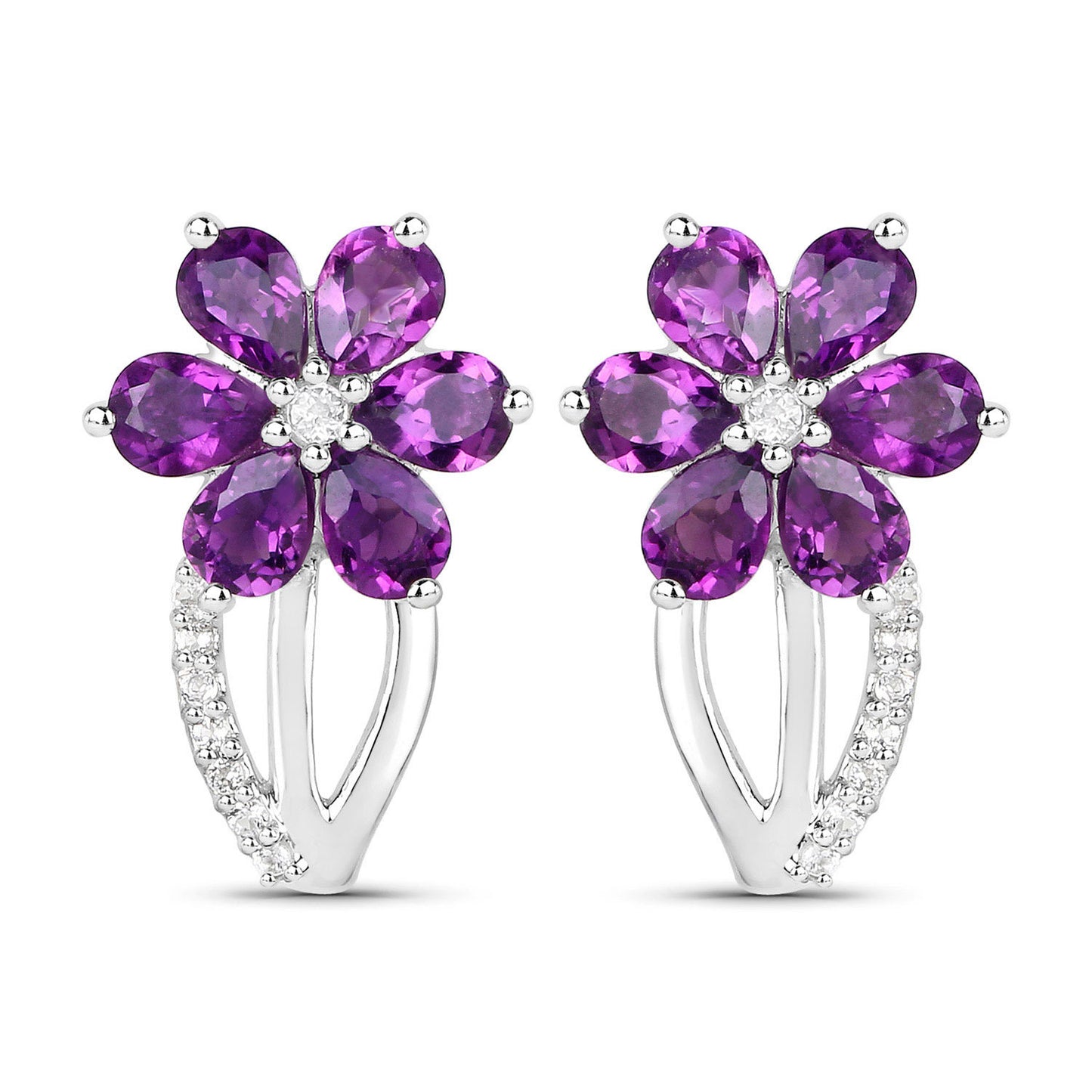 Amethyst Flower Earrings With White Topaz 1.86 Carats Sterling Silver