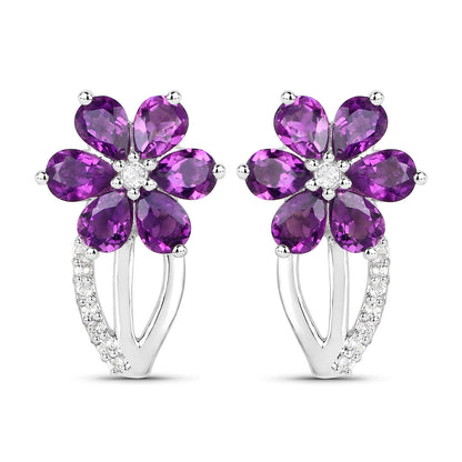 Amethyst Flower Earrings With White Topaz 1.86 Carats Sterling Silver