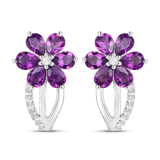 Amethyst Flower Earrings With White Topaz 1.86 Carats Sterling Silver