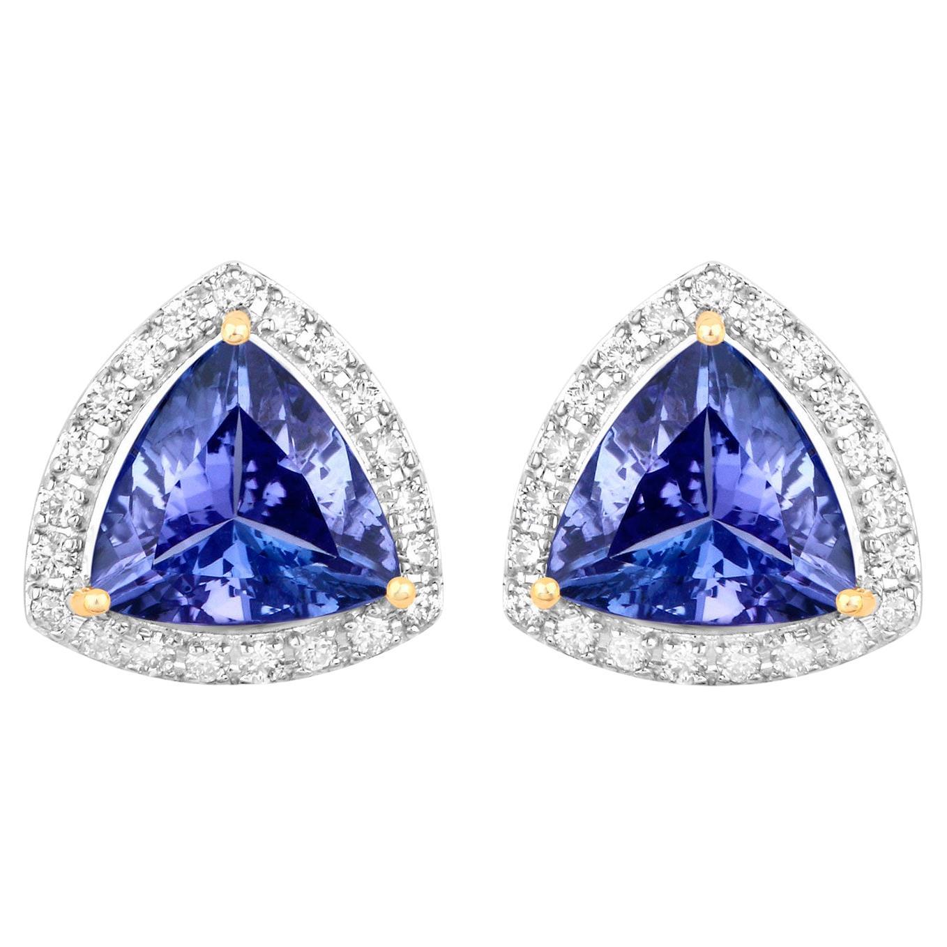 Tanzanite Stud Earrings With Diamonds 3.82 Carats 14K Yellow Gold