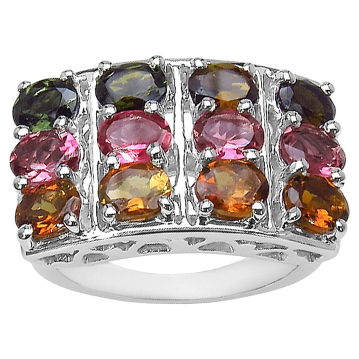 Multicolor Tourmaline Ring 3.66 Carats Sterling Silver