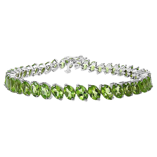 Natural Peridot Tennis Bracelet Oval Cut 19.4 Carats 18K White Gold Plated