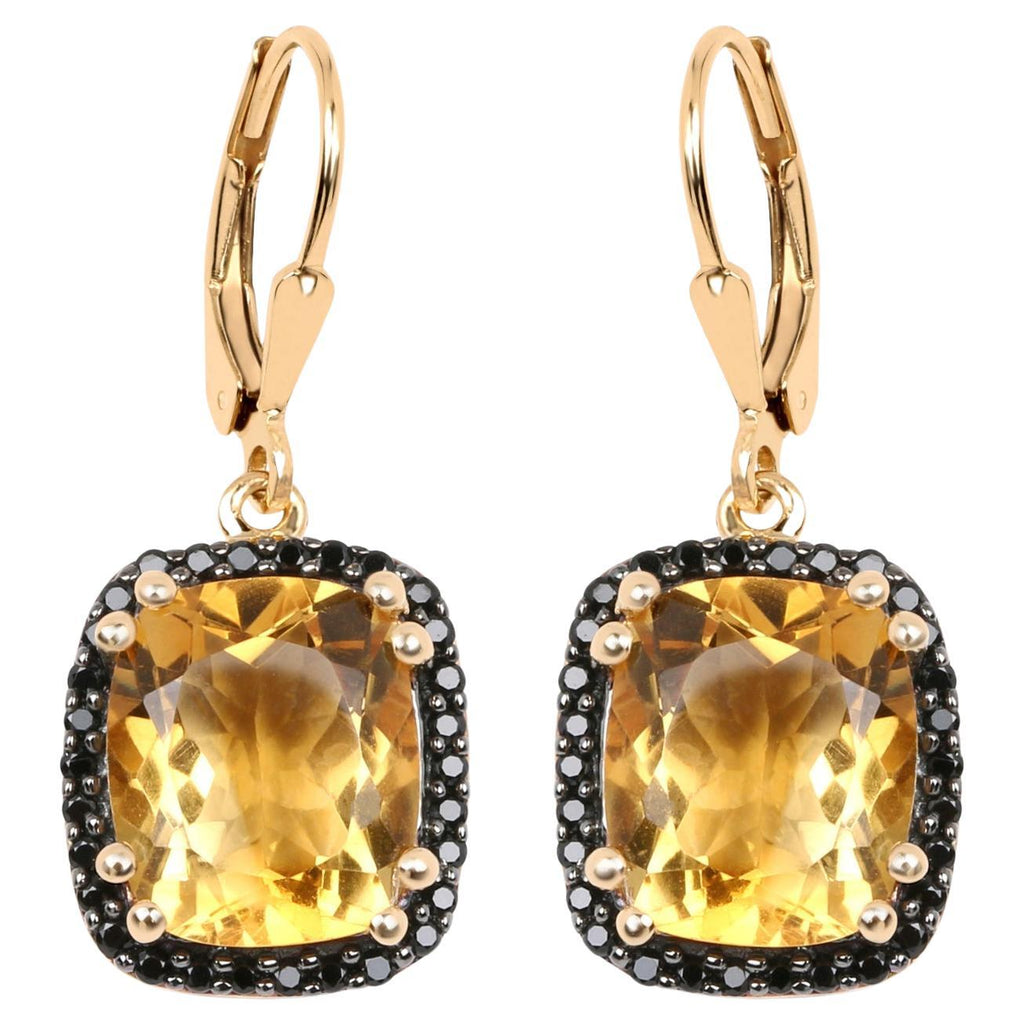 Citrine Dangle Earrings Black Spinel Halo 8.9 Carats 14K Yellow Gold Plated