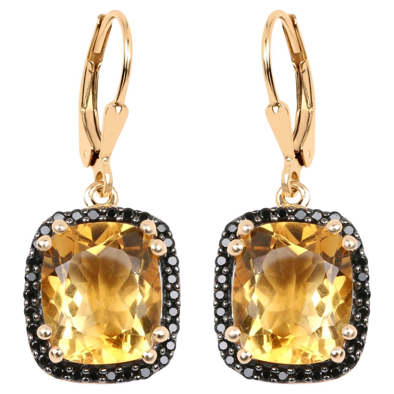 Citrine Dangle Earrings Black Spinel Halo 8.9 Carats 14K Yellow Gold Plated