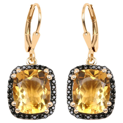 Citrine Dangle Earrings Black Spinel Halo 8.9 Carats 14K Yellow Gold Plated