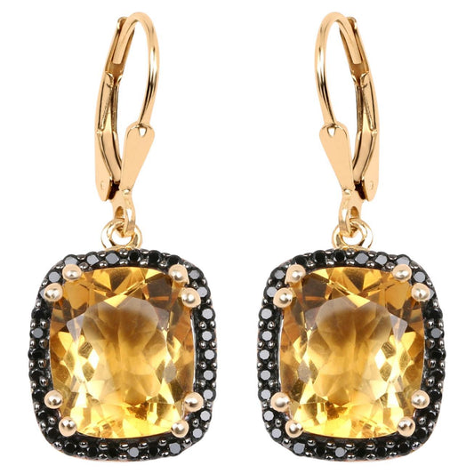 Citrine Dangle Earrings Black Spinel Halo 8.9 Carats 14K Yellow Gold Plated