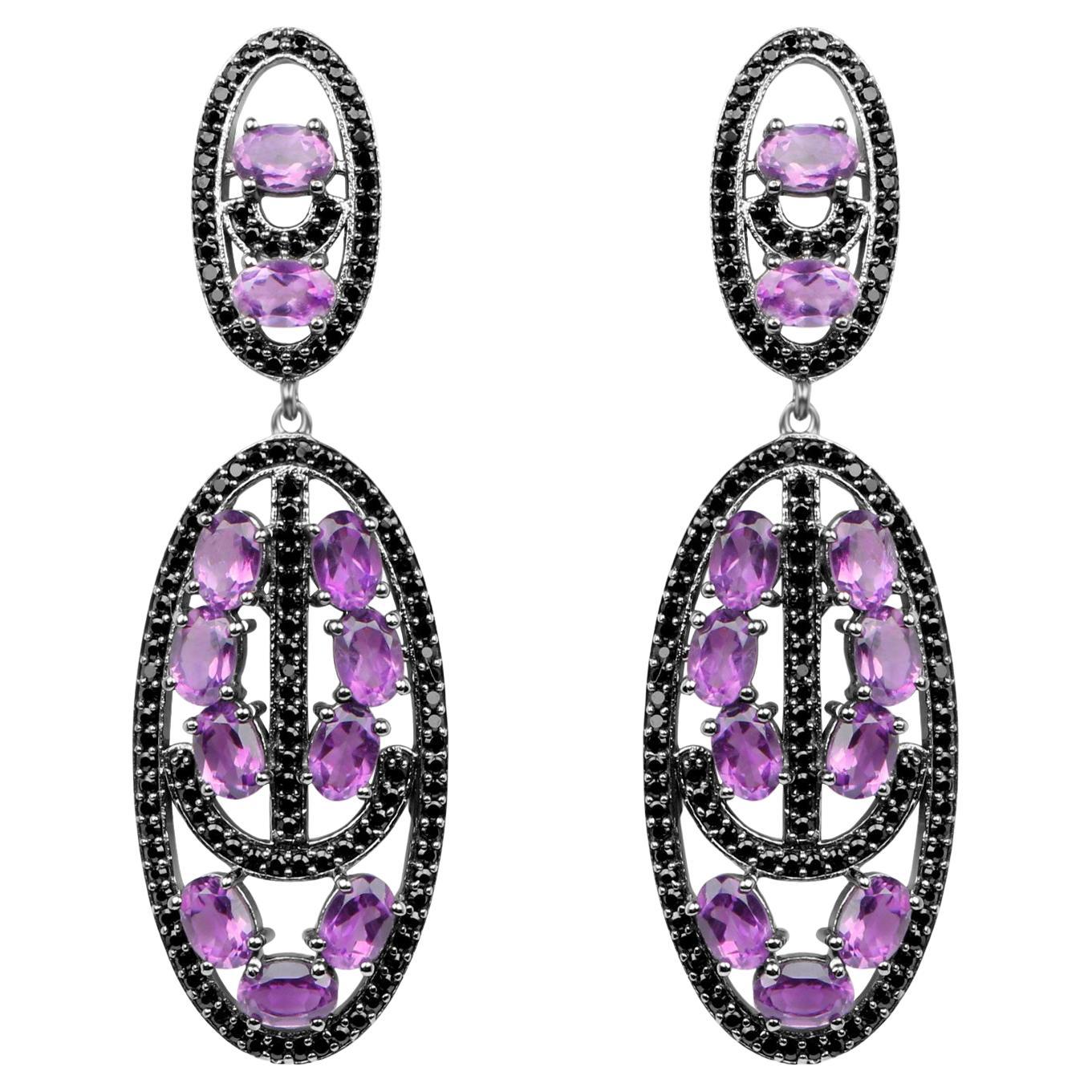 Amethyst Dangle Earrings With Black Spinels 12 Carats