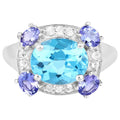 Swiss Blue Topaz Ring With Tanzanite 4.08 Carats Sterling Silver