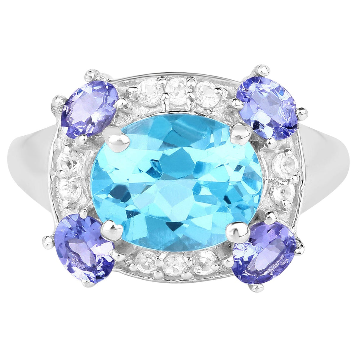 Swiss Blue Topaz Ring With Tanzanite 4.08 Carats Sterling Silver