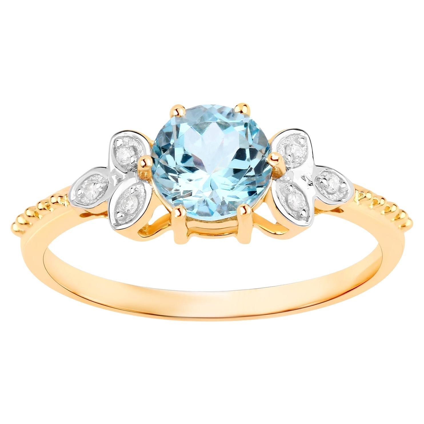 Aquamarine Ring With Diamonds 0.76 Carats 14K Yellow Gold