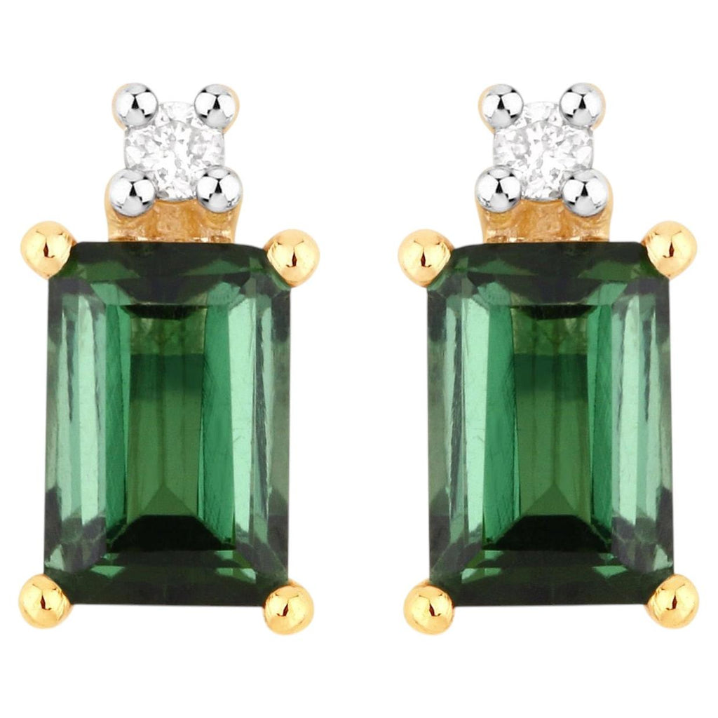 Green Tourmaline Stud Earrings With Diamonds 1.2 Carats 14K Yellow Gold