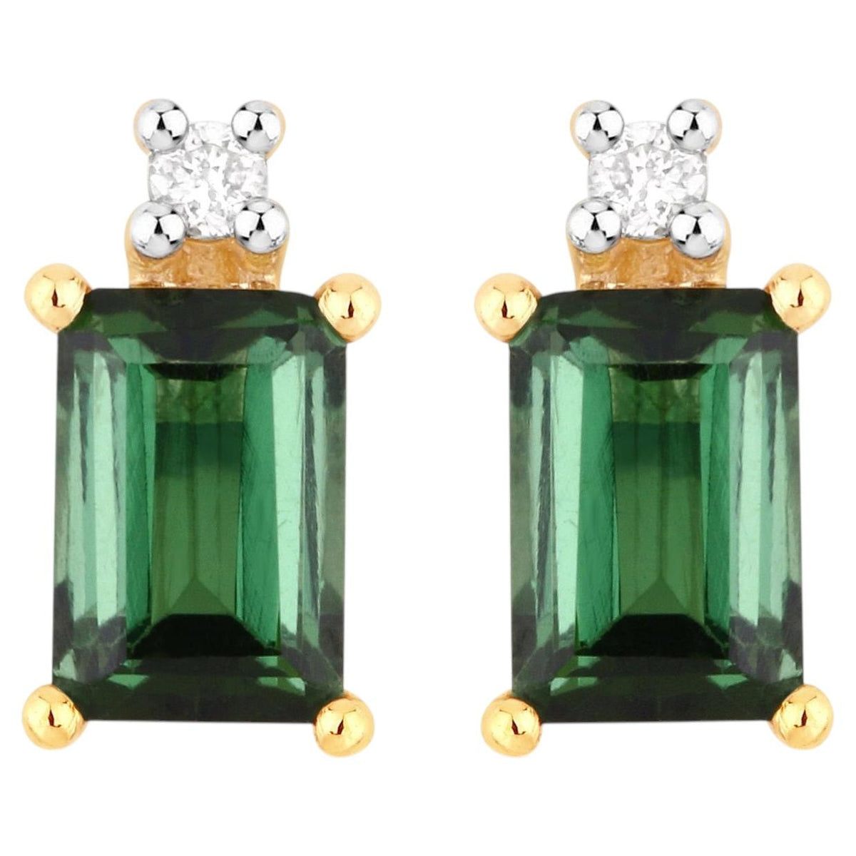 Green Tourmaline Stud Earrings With Diamonds 1.2 Carats 14K Yellow Gold