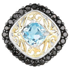 Swiss Blue Topaz Ring With Black Spinel 2.82 Carats Gold Plated Silver