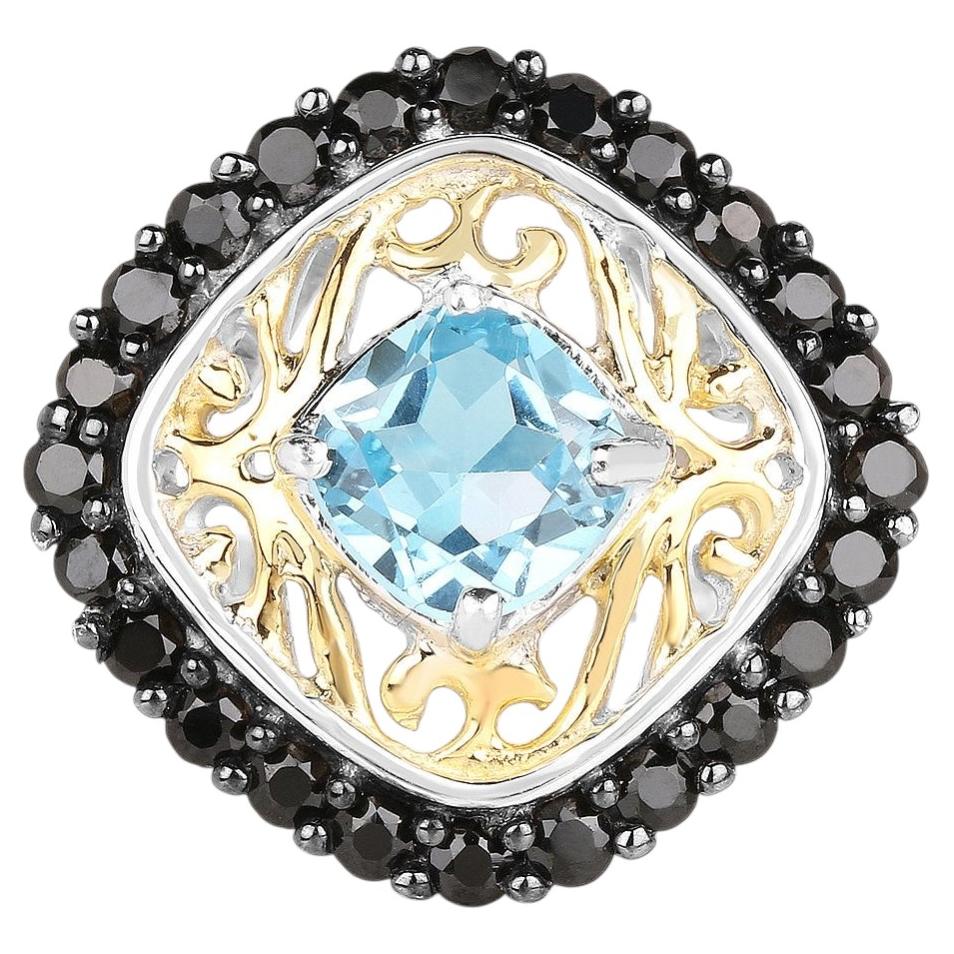 Swiss Blue Topaz Ring With Black Spinel 2.82 Carats Gold Plated Silver