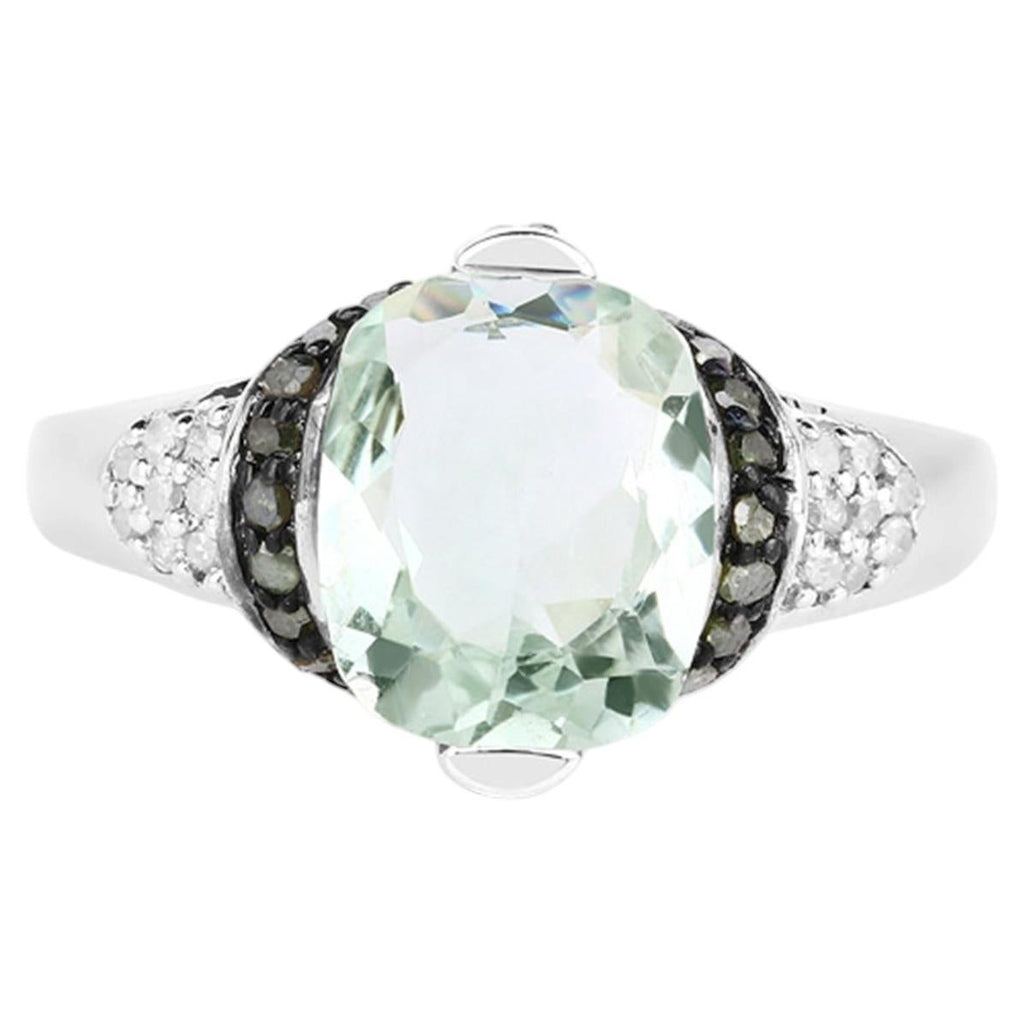 Green Amethyst Ring With Multicolor Diamonds 2.88 Carats Sterling Silver