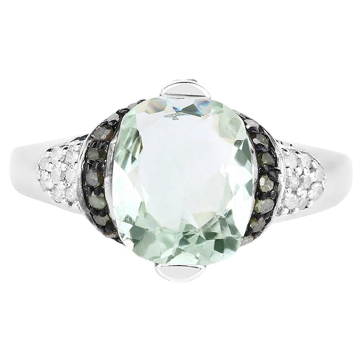 Green Amethyst Ring With Multicolor Diamonds 2.88 Carats Sterling Silver