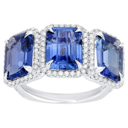 Stunning Three Stone Blue Sapphire Ring 8.3 Carats 18K White Gold